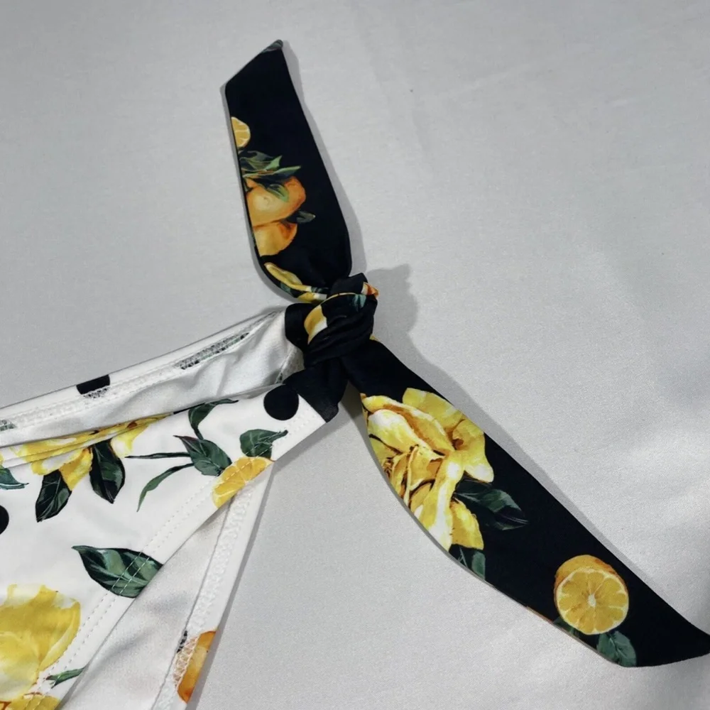 NEW‎ River Island [ 6 US ] Floral Lemon Blocked Tie Side Bikini Bottom White